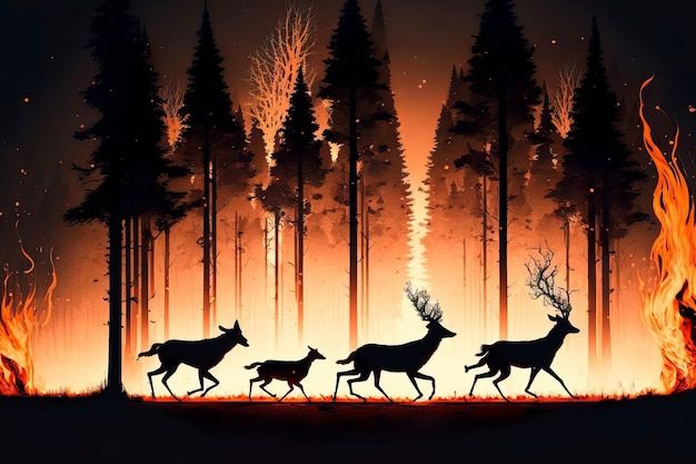 Animals run away from forest fire natural disasters generative ai _ Premium AI-generated image